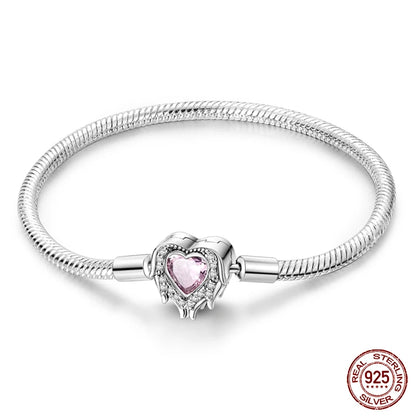 Original 925 Sterling Silver Snake Chain Heart-Shaped  Bracelets Fit Pandora Charms Beads  DIY Jewelry 912349723-KJB051