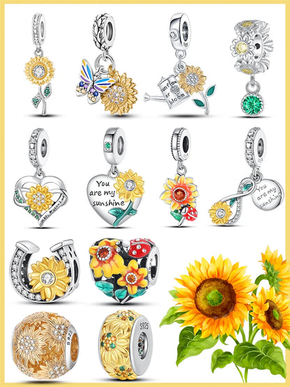 Golden Sunflowers Heart Charms Beads 925 Sterling Silver ﻿Original Bracelets Luxury Party DIY Jewelry 912349723-100S