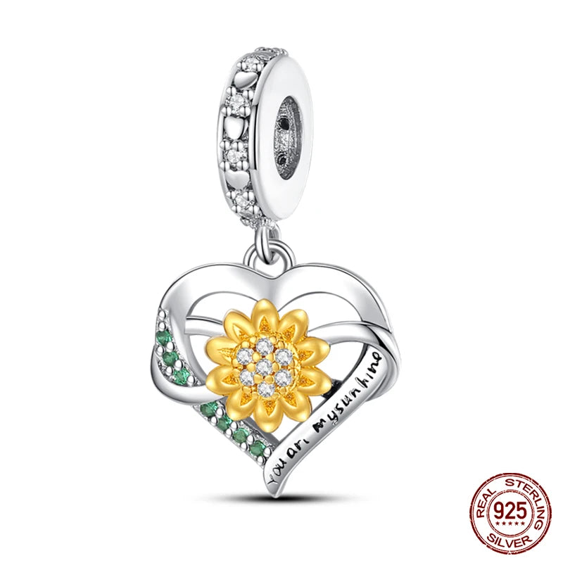 Golden Sunflowers Heart Charms Beads 925 Sterling Silver ﻿Original Bracelets Luxury Party DIY Jewelry 912349723-100S