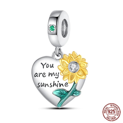 Golden Sunflowers Heart Charms Beads 925 Sterling Silver ﻿Original Bracelets Luxury Party DIY Jewelry 912349723-100S
