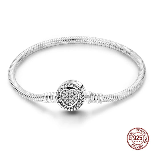Original 925 Sterling Silver Snake Chain Heart-Shaped  Bracelets Fit Pandora Charms Beads  DIY Jewelry 912349723-KJB059