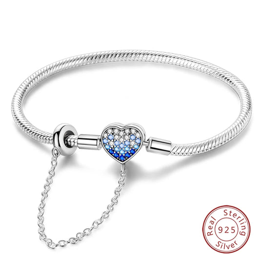 Original 925 Sterling Silver Snake Chain Heart-Shaped  Bracelets Fit Pandora Charms Beads  DIY Jewelry 912349723-KJB088