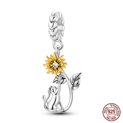 Golden Sunflowers Heart Charms Beads 925 Sterling Silver ﻿Original Bracelets Luxury Party DIY Jewelry 912349723-100S