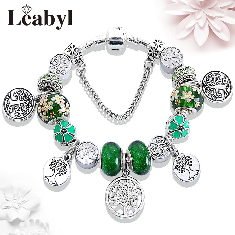 Retro Silver Tree of Life Charm Bracelet Green Crystal Flower Bead  DIY Jewelry 1102936551-B