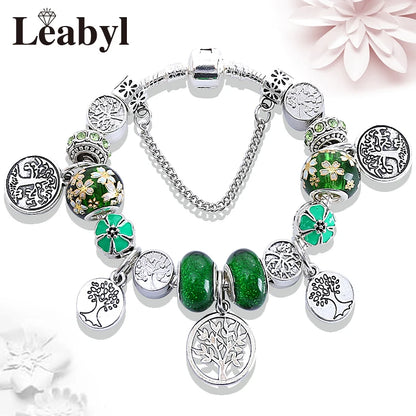 Retro Silver Tree of Life Charm Bracelet Green Crystal Flower Bead  DIY Jewelry 1102936551-B