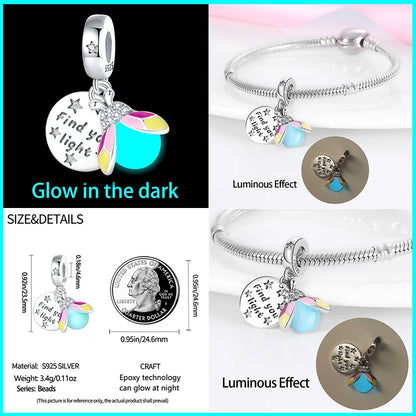 Glow in the dark  Firefly Honeybee Star  925 Silver Charms Beads  Original Bracelets Fine DIY Jewelry 912349723-200S