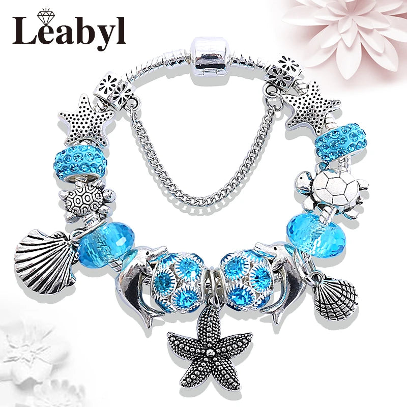 Classic Design Dolphin Charm Bracelets & Bangles for Women Jewelry Gift Blue Murano Crystal Glass Diy Bead Bracelets 1102936551-B