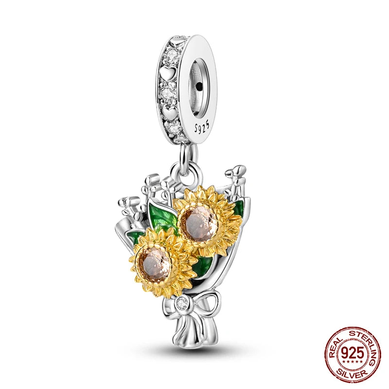 Golden Sunflowers Heart Charms Beads 925 Sterling Silver ﻿Original Bracelets Luxury Party DIY Jewelry 912349723-100S