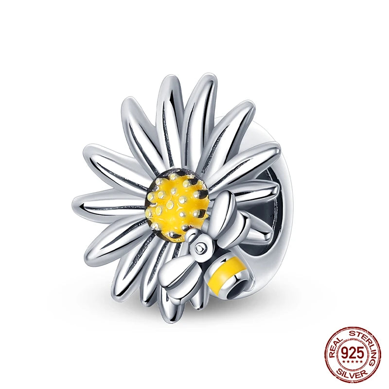 Golden Sunflowers Heart Charms Beads 925 Sterling Silver ﻿Original Bracelets Luxury Party DIY Jewelry 912349723-100S