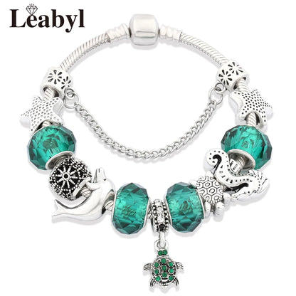 Classic Design Dolphin Charm Bracelets & Bangles for Women Jewelry Gift Blue Murano Crystal Glass Diy Bead Bracelets 1102936551-B