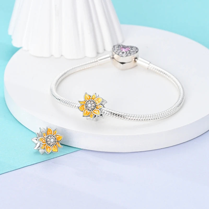 Golden Sunflowers Heart Charms Beads 925 Sterling Silver ﻿Original Bracelets Luxury Party DIY Jewelry 912349723-100S
