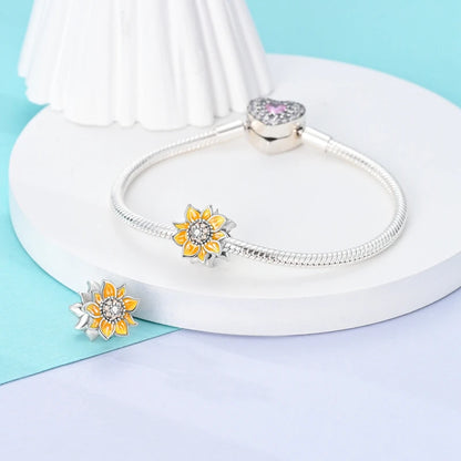 Golden Sunflowers Heart Charms Beads 925 Sterling Silver ﻿Original Bracelets Luxury Party DIY Jewelry 912349723-100S