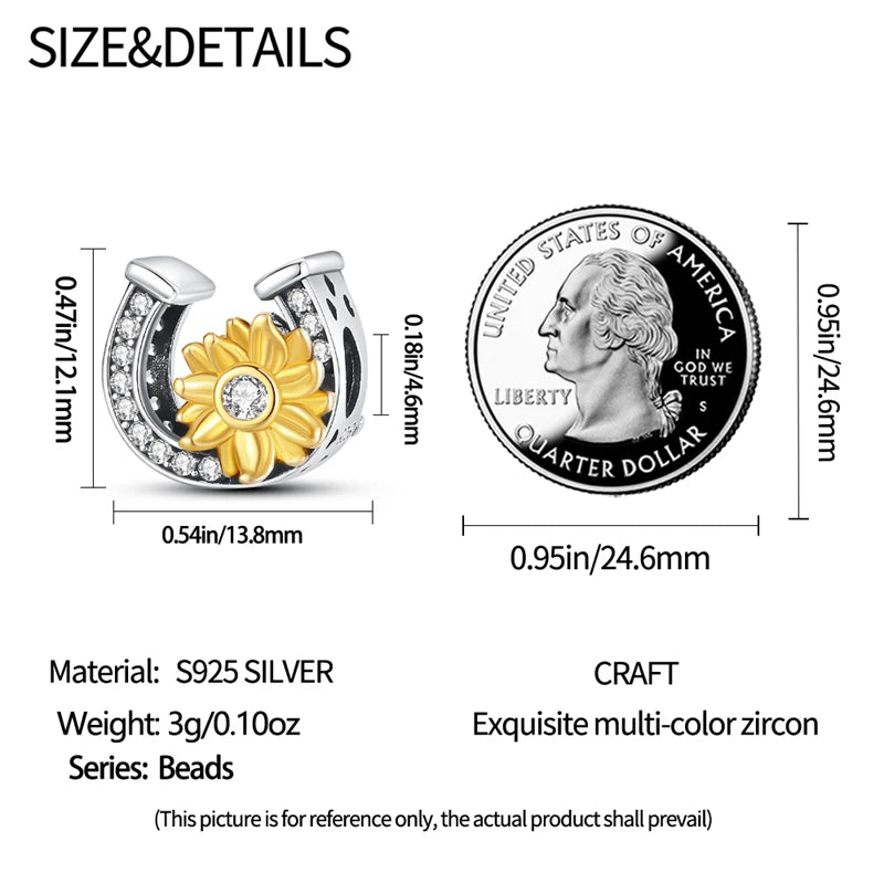 Golden Sunflowers Heart Charms Beads 925 Sterling Silver ﻿Original Bracelets Luxury Party DIY Jewelry 912349723-100S