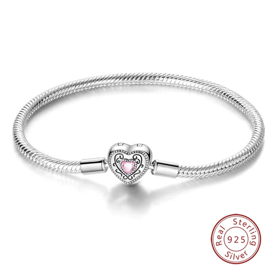 Original 925 Sterling Silver Snake Chain Heart-Shaped  Bracelets Fit Pandora Charms Beads  DIY Jewelry 912349723-KJB085