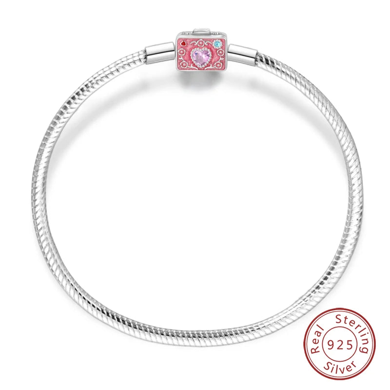Original 925 Sterling Silver Snake Chain Heart-Shaped  Bracelets Fit Pandora Charms Beads  DIY Jewelry 912349723-PAB038