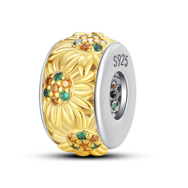 Golden Sunflowers Heart Charms Beads 925 Sterling Silver ﻿Original Bracelets Luxury Party DIY Jewelry 912349723-100S
