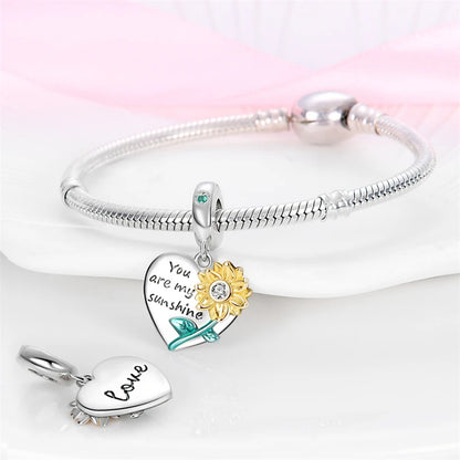 Golden Sunflowers Heart Charms Beads 925 Sterling Silver ﻿Original Bracelets Luxury Party DIY Jewelry 912349723-100S