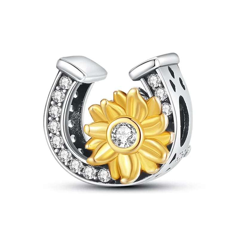 Golden Sunflowers Heart Charms Beads 925 Sterling Silver ﻿Original Bracelets Luxury Party DIY Jewelry 912349723-100S