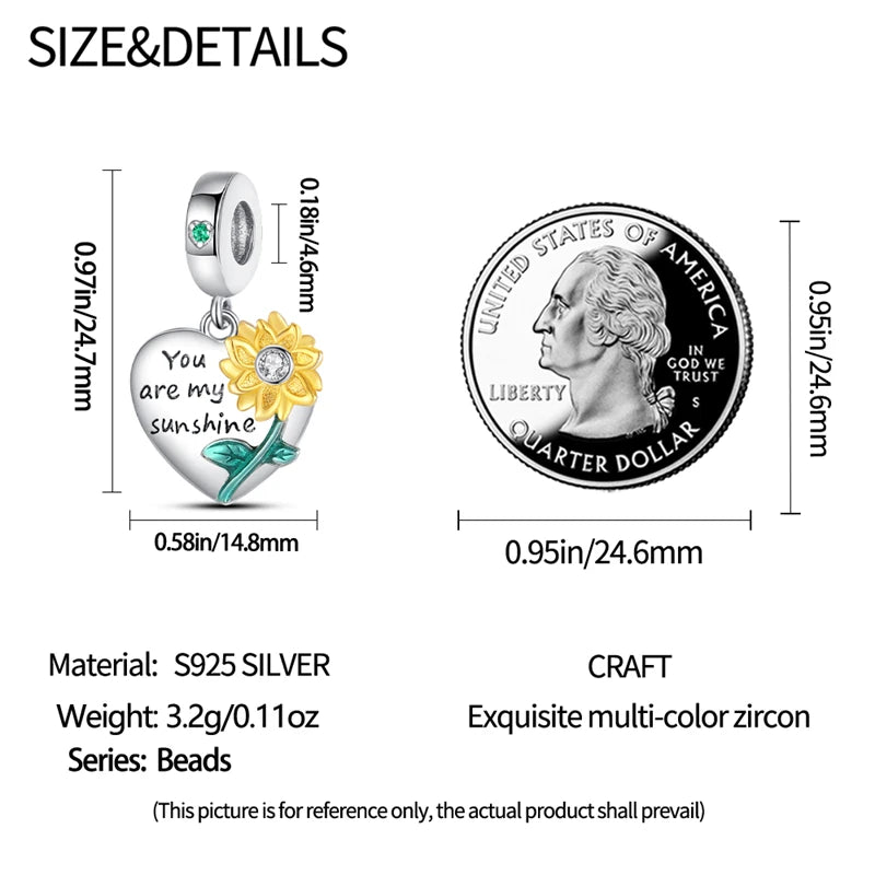 Golden Sunflowers Heart Charms Beads 925 Sterling Silver ﻿Original Bracelets Luxury Party DIY Jewelry 912349723-100S