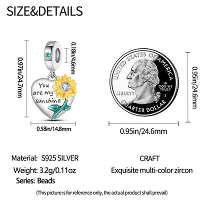 Golden Sunflowers Heart Charms Beads 925 Sterling Silver ﻿Original Bracelets Luxury Party DIY Jewelry 912349723-100S