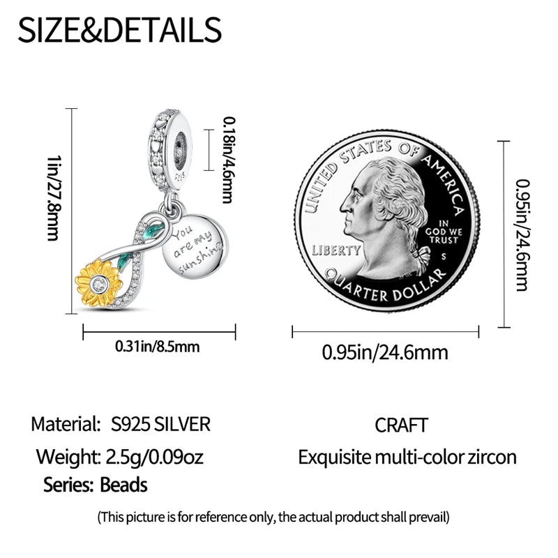 Golden Sunflowers Heart Charms Beads 925 Sterling Silver ﻿Original Bracelets Luxury Party DIY Jewelry 912349723-100S