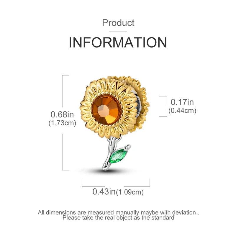 Golden Sunflowers Heart Charms Beads 925 Sterling Silver ﻿Original Bracelets Luxury Party DIY Jewelry 912349723-100S