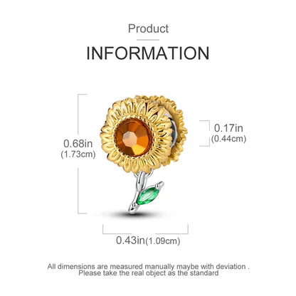 Golden Sunflowers Heart Charms Beads 925 Sterling Silver ﻿Original Bracelets Luxury Party DIY Jewelry 912349723-100S