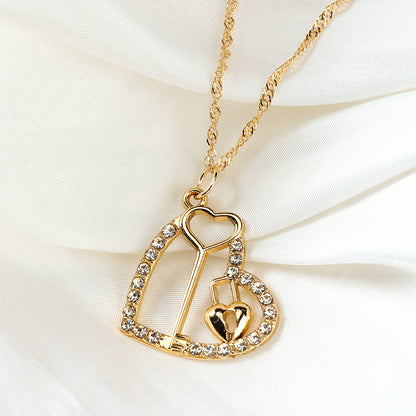 Diamond - dotted Heart - shaped Lock Water - wave Necklace M.43