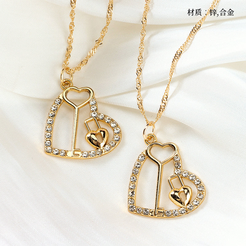 Diamond - dotted Heart - shaped Lock Water - wave Necklace M.43