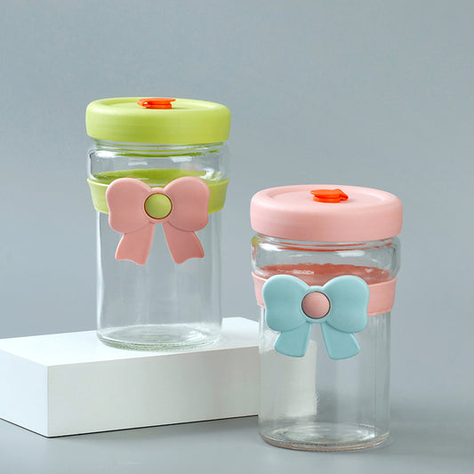 Quanming Bowknot-patterned Glass Cup with Straw (450ml) M.17