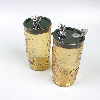 Tall Diamond-Cut Bear Glass Tumbler with Straw & Lid (380ml) M.17