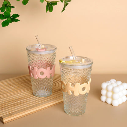 Alphabet Diamond-Cut Glass Cup with Handle Straw & Lid (480ml) M.17