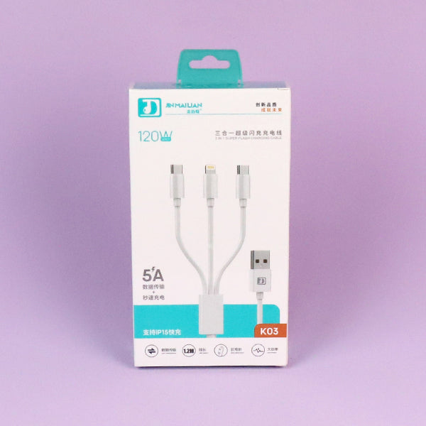 K03 Flash Charging 3-in-1 Data Cable 1.2M - Universal for iPhone/Android/Type-C A.12 JPDB