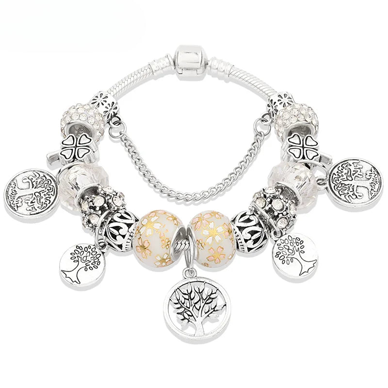 Retro Silver Tree of Life Charm Bracelet Green Crystal Flower Bead  DIY Jewelry 1102936551-B