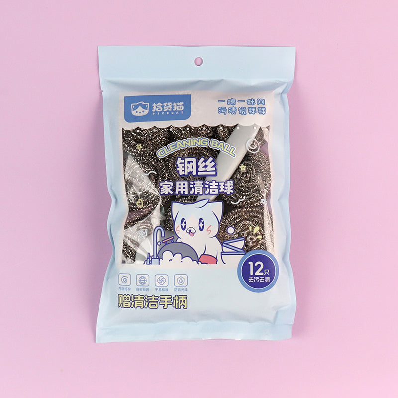 8172 12 Pcs Steel Wool Ball + Free Handle M.68