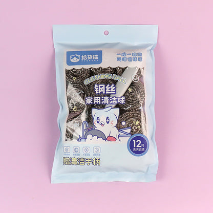 8172 12 Pcs Steel Wool Ball + Free Handle M.68