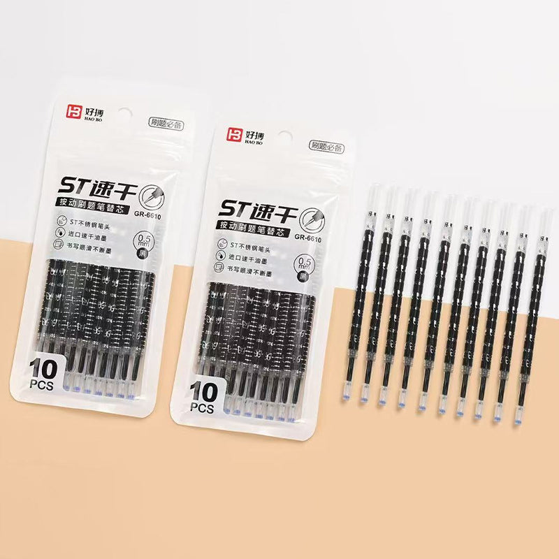 GR-6610 ST Nib Quick-Dry Retractable Pen Refills, 10pcs Black 0.5mm for Students M.82