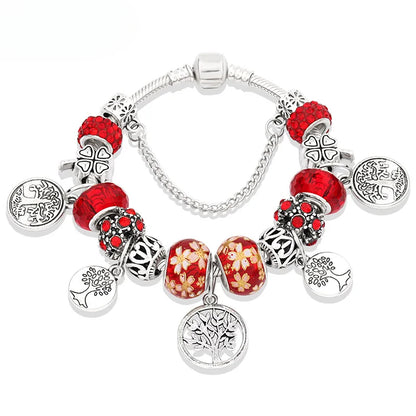 Retro Silver Owl Charm Bracelet Green Crystal Flower Bead  DIY Jewelry 1102936551-B826