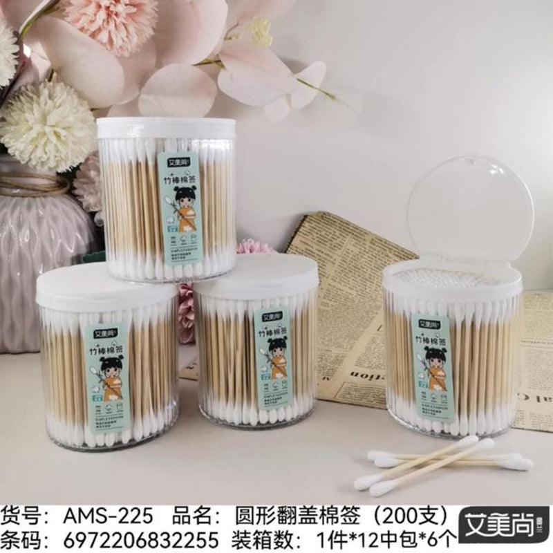 AMS-225 Round Box Flip-Top Cotton Swabs, 200 Pieces M.27