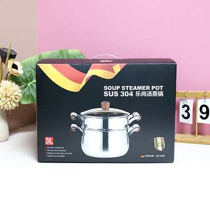 24cm 304 Stainless Steel Aishang Steamer & Soup Pot with Steel Handle and Double Bottom M.61 JPDB