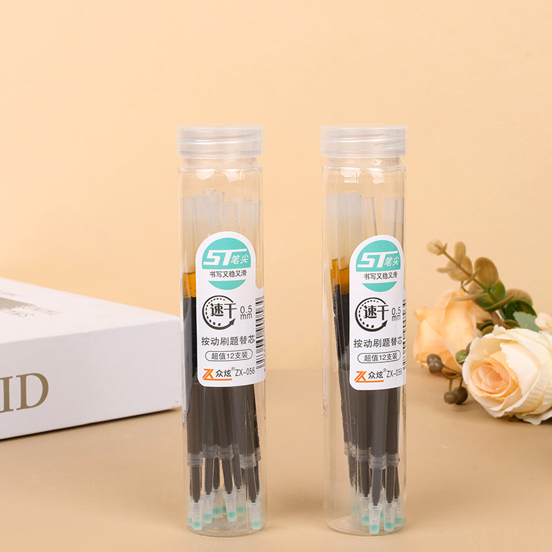 Zhongxuan 056ST Retractable Pen Refills 12pcs Black 0.5mm ST Nib Quick-Dry for Students M.82