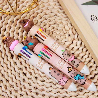 Bolígrafo Capybara de 10 colores (143 x 14 x 125 mm), punta fina de 0,4 mm, colores macarrón, con estuche M.82