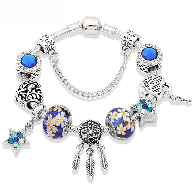 Retro Silver Tree of Life Charm Bracelet Green Crystal Flower Bead  DIY Jewelry 1102936551-B945