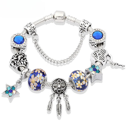 Retro Silver Tree of Life Charm Bracelet Green Crystal Flower Bead  DIY Jewelry 1102936551-B945
