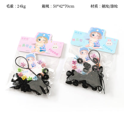 M42 Coleteros de tela de rizo negros + minipinzas + bolsitas para hacer moños (50 unidades) 