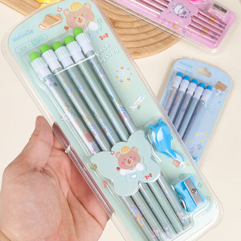 XX - 8918 Juego de cinco lápices con gomas de borrar grandes M.82