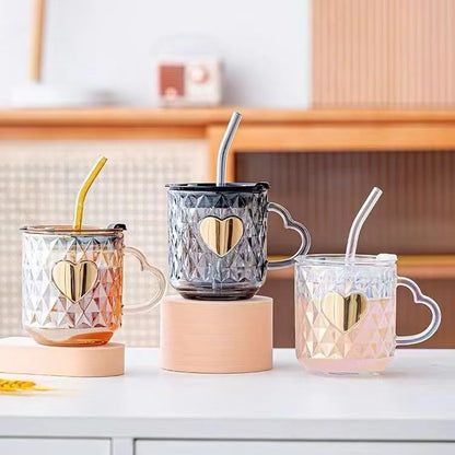 Feifan Heart Pattern Glass Cup with Handle (with Straw and Lid 420ml) M.17