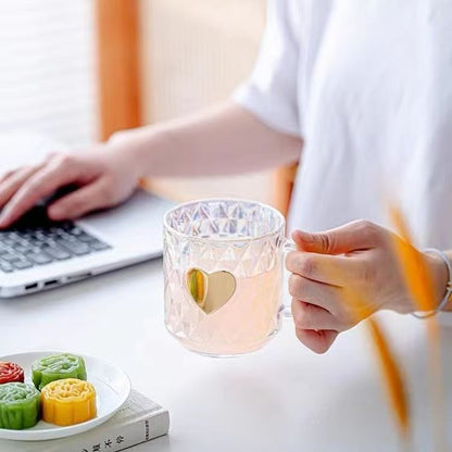 Feifan Heart Pattern Glass Cup with Handle (with Straw and Lid 420ml) M.17