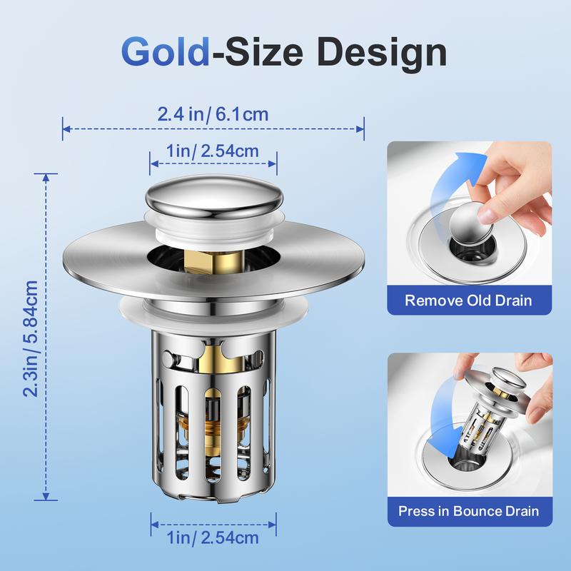 Tapón de drenaje para lavabo de baño, tapón de fregadero universal 2 en 1, emergente con filtro de acero inoxidable extraíble antiobstrucciones, tapón de drenaje para el cabello, tapón antiolor 
