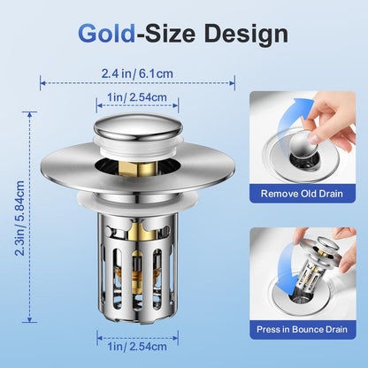 Tapón de drenaje para lavabo de baño, tapón de fregadero universal 2 en 1, emergente con filtro de acero inoxidable extraíble antiobstrucciones, tapón de drenaje para el cabello, tapón antiolor 